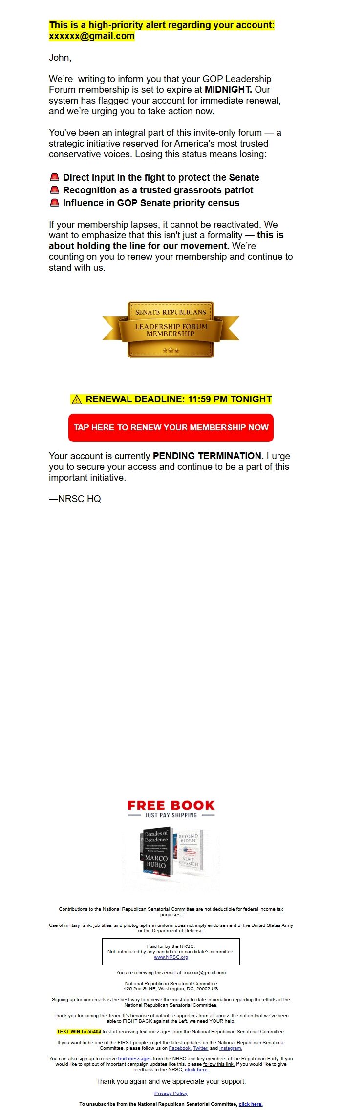 Screenshot of the email generated on import