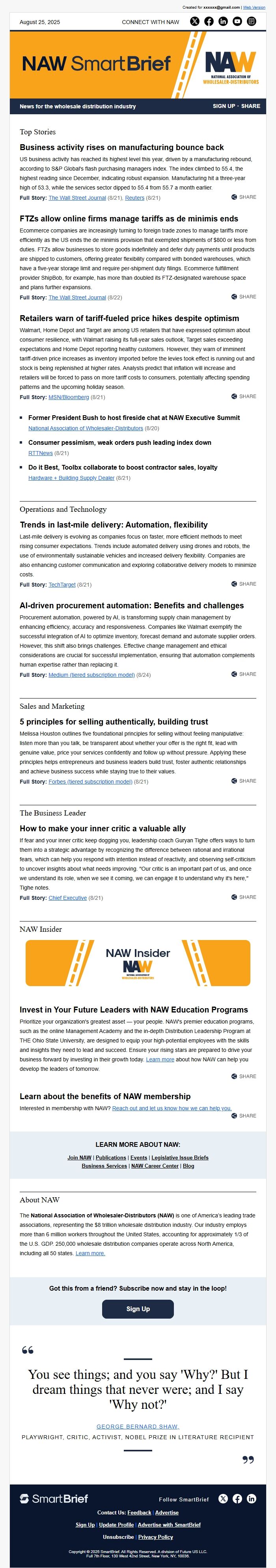 Screenshot of the email generated on import