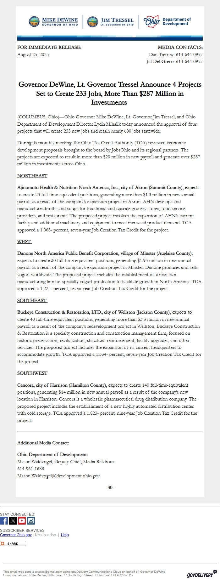Screenshot of the email generated on import