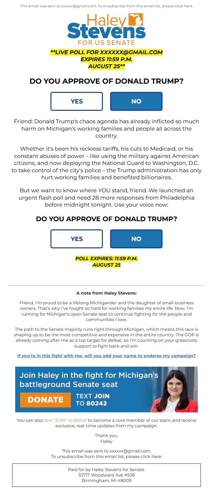 Screenshot of the email generated on import