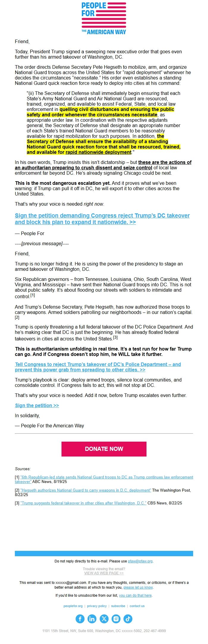 Screenshot of the email generated on import