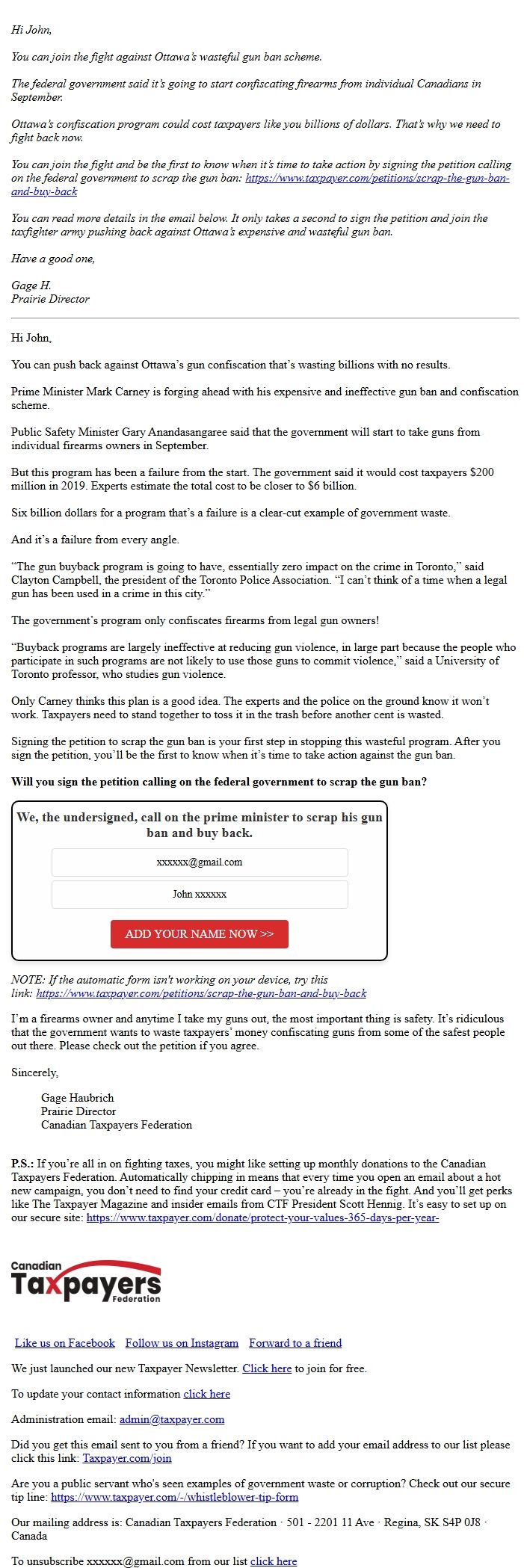 Screenshot of the email generated on import