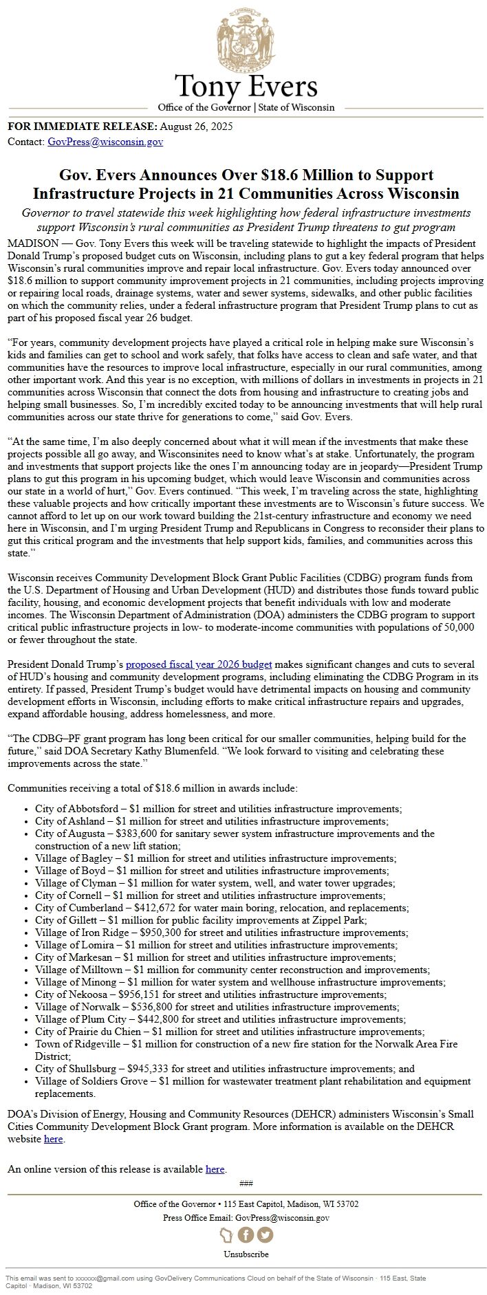Screenshot of the email generated on import