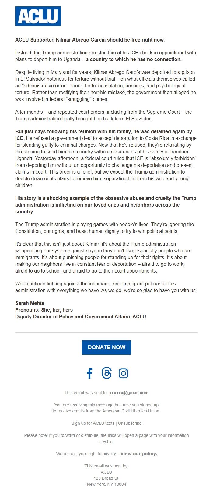 Screenshot of the email generated on import