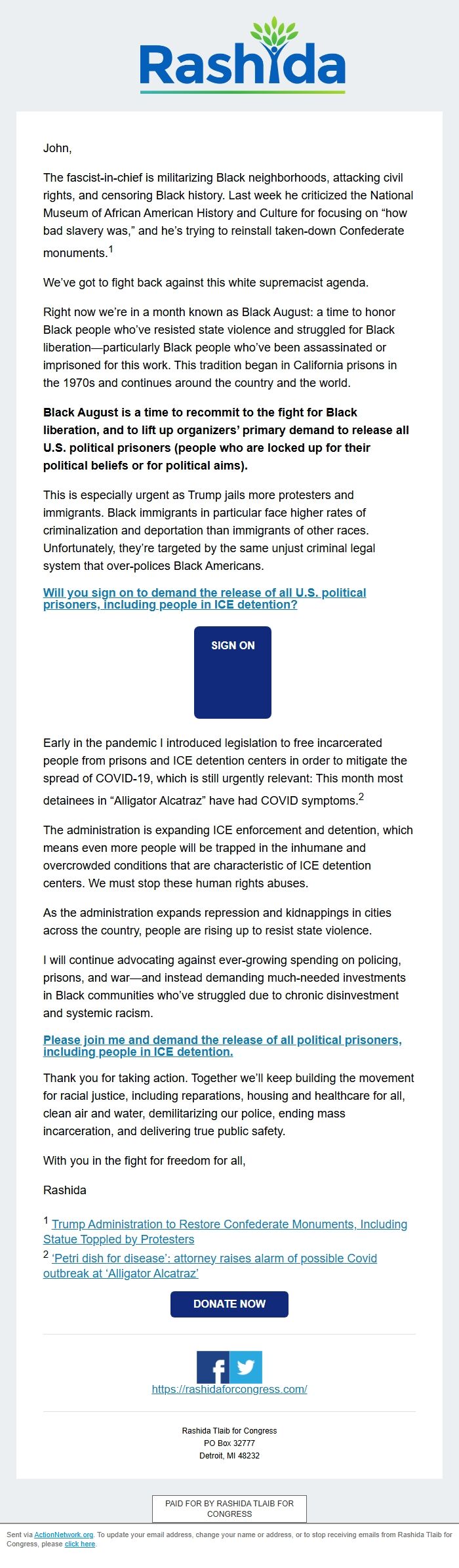 Screenshot of the email generated on import