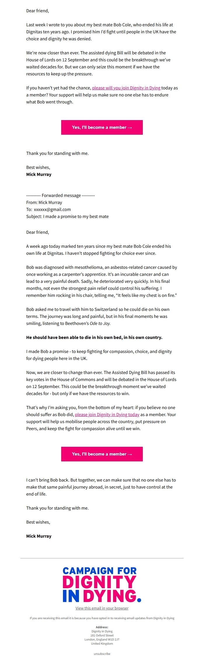 Screenshot of the email generated on import