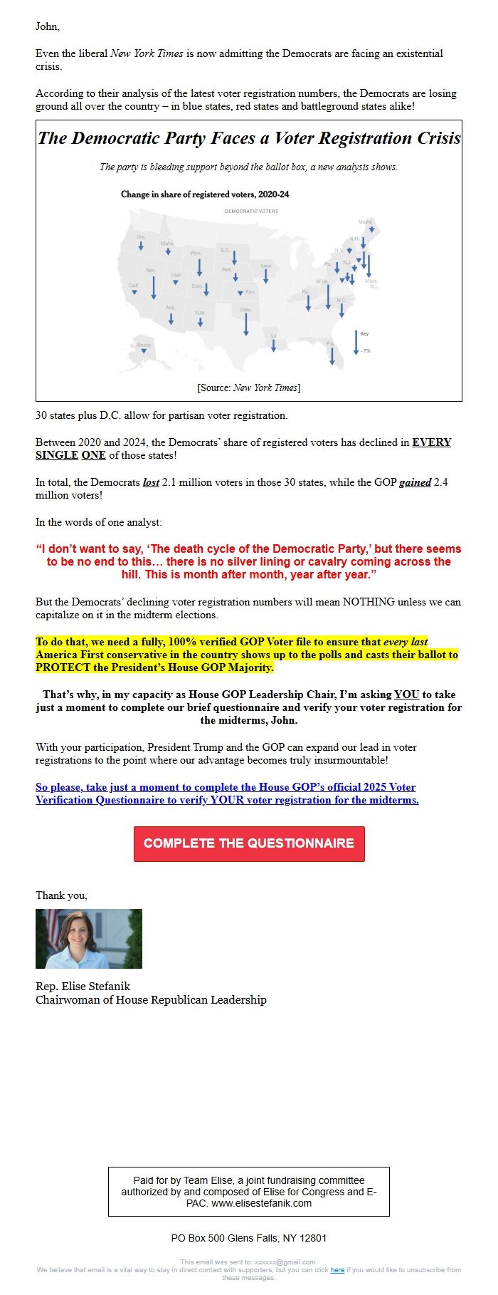 Screenshot of the email generated on import