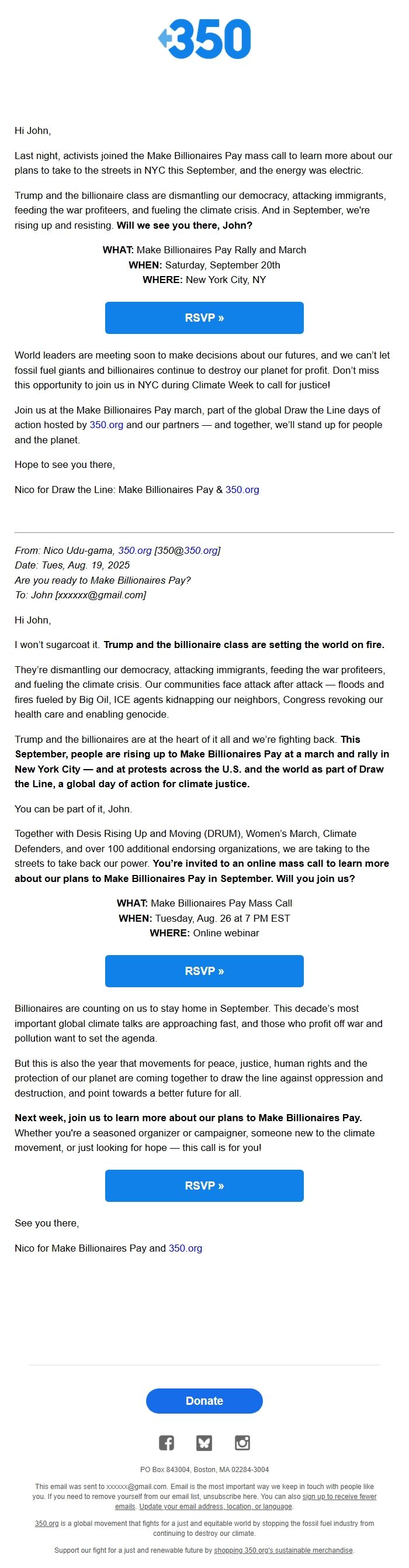 Screenshot of the email generated on import