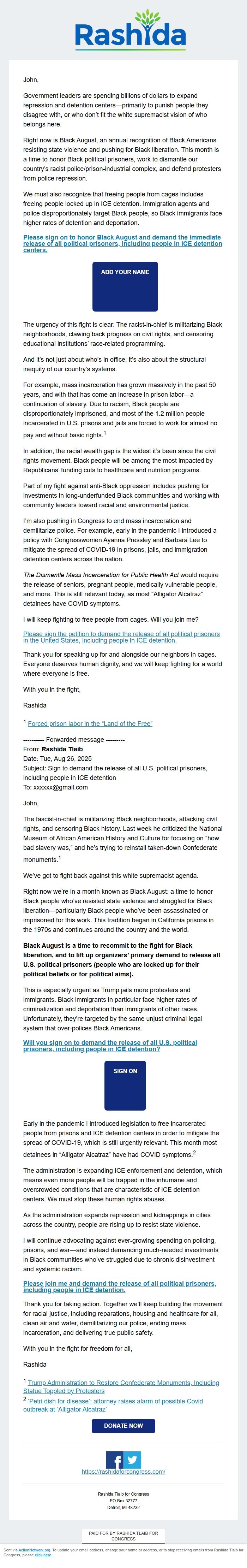 Screenshot of the email generated on import