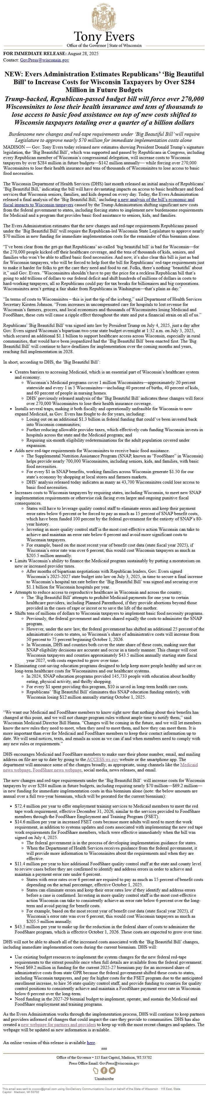 Screenshot of the email generated on import