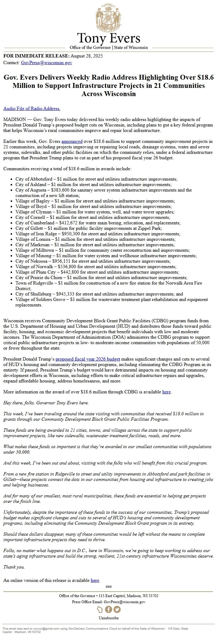 Screenshot of the email generated on import