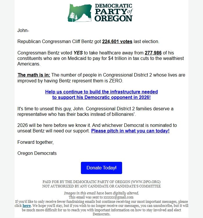 Screenshot of the email generated on import