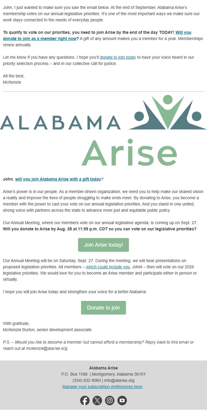 Screenshot of the email generated on import
