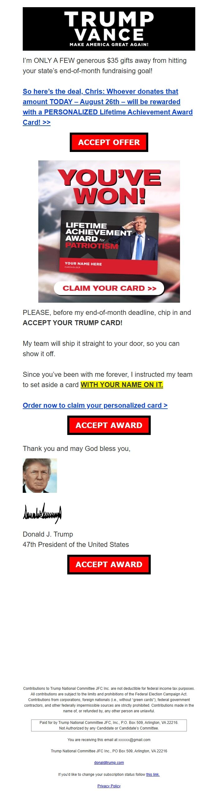 Screenshot of the email generated on import