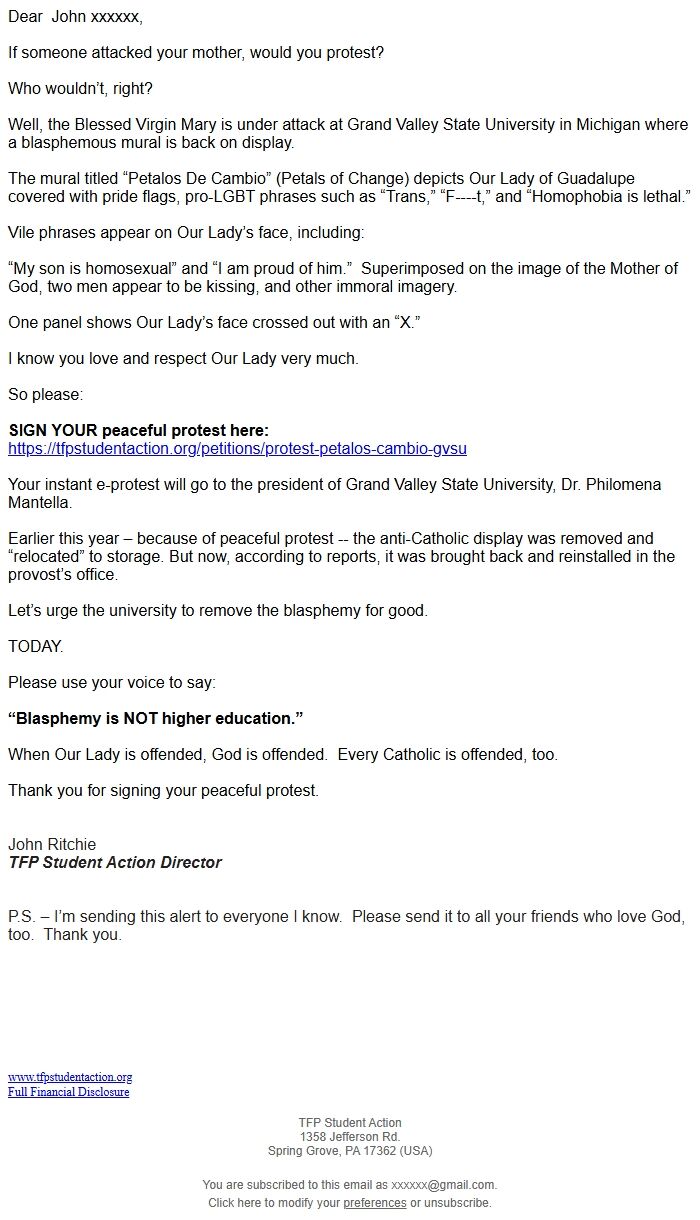 Screenshot of the email generated on import