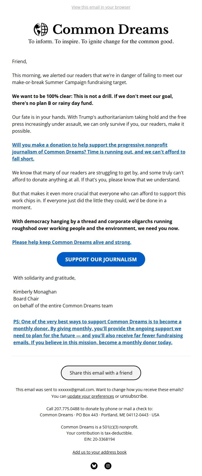 Screenshot of the email generated on import