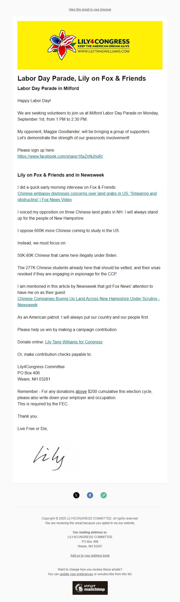 Screenshot of the email generated on import