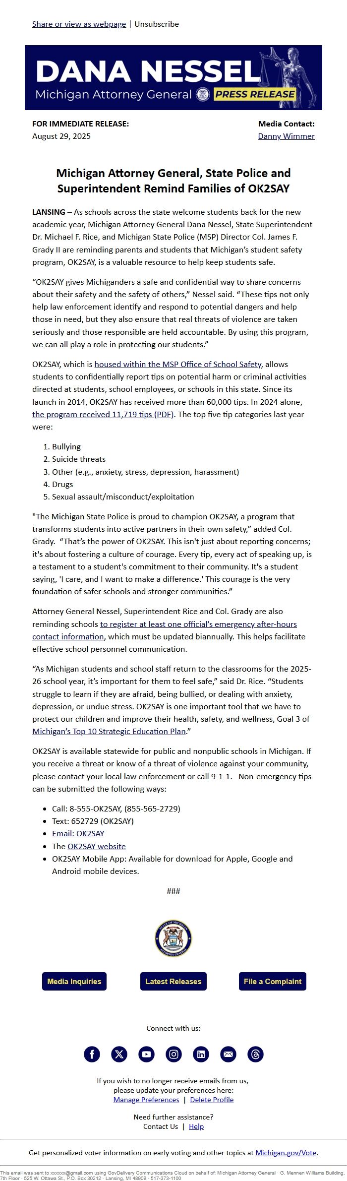 Screenshot of the email generated on import