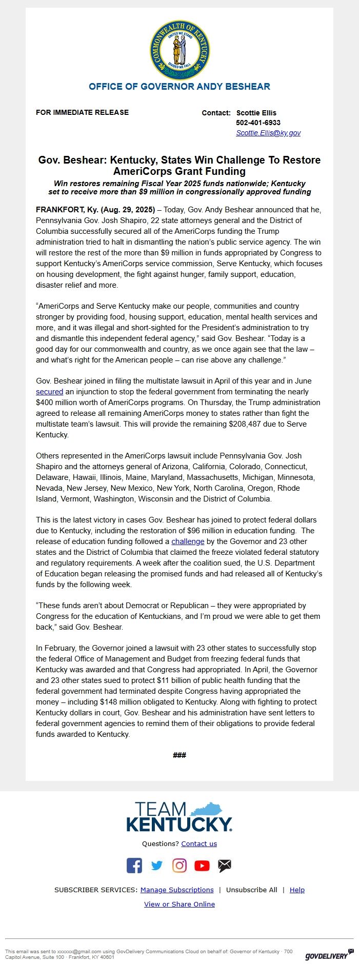 Screenshot of the email generated on import