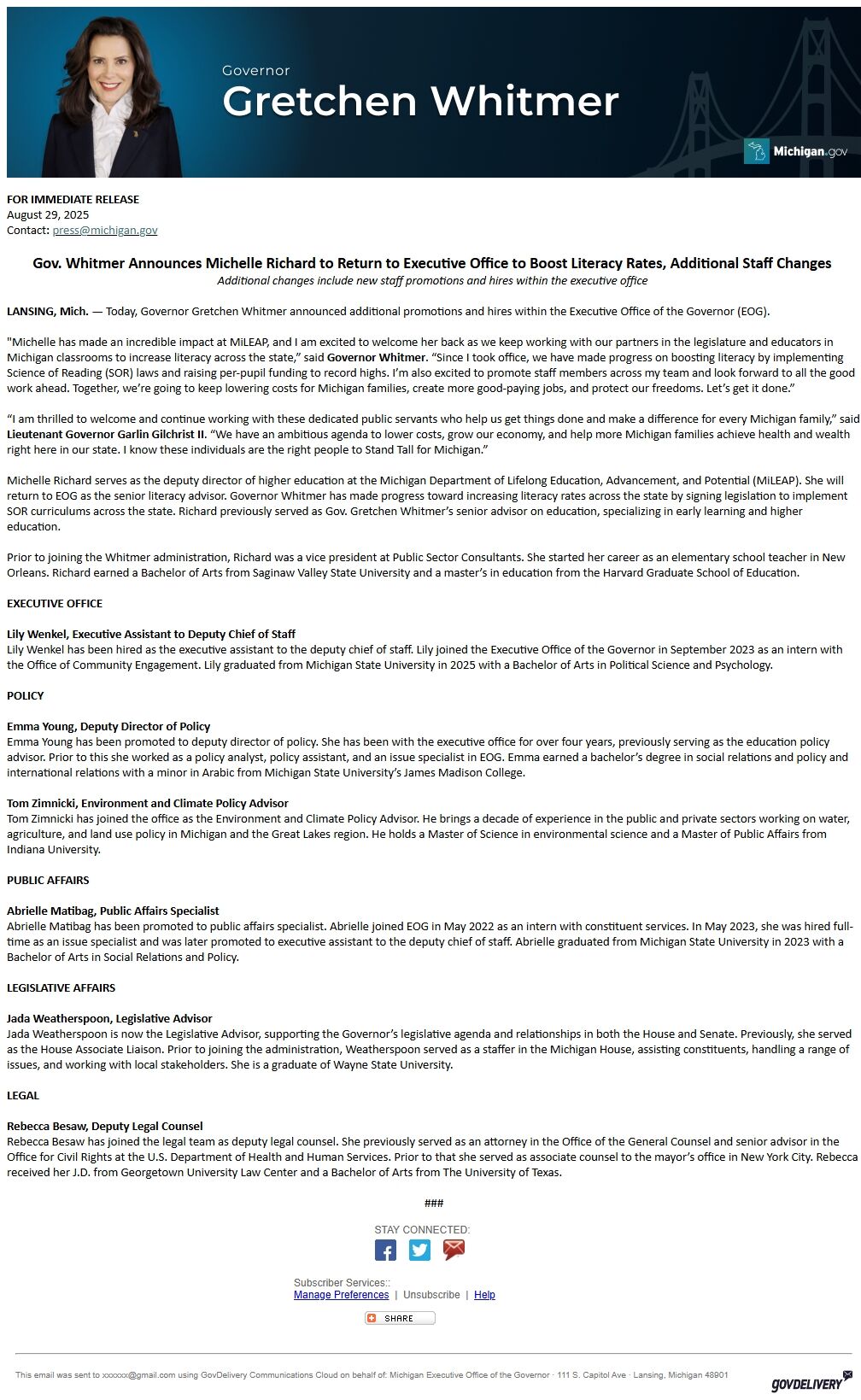 Screenshot of the email generated on import
