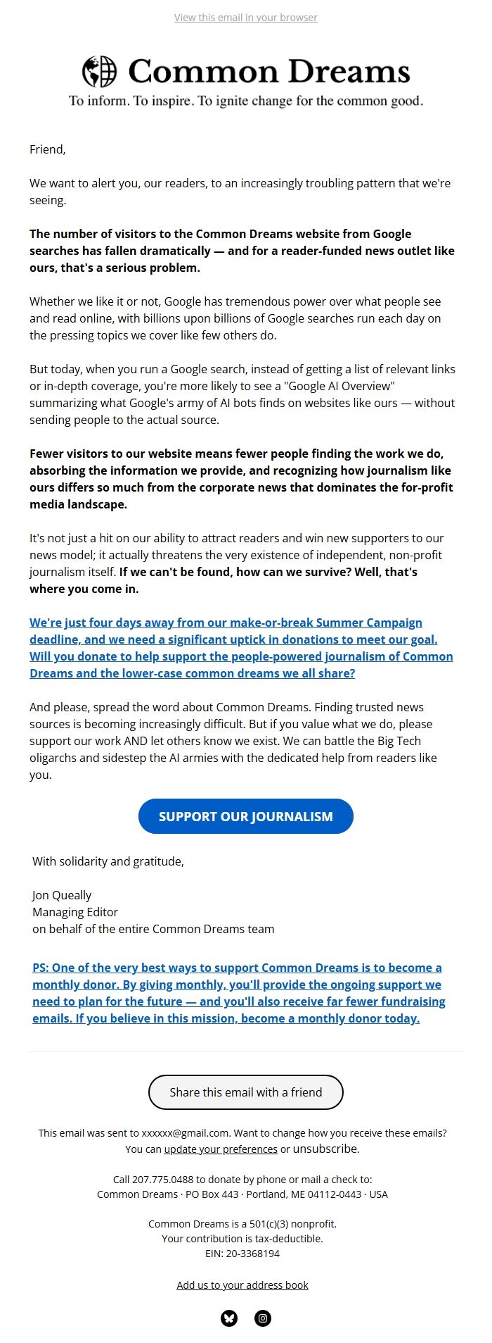 Screenshot of the email generated on import