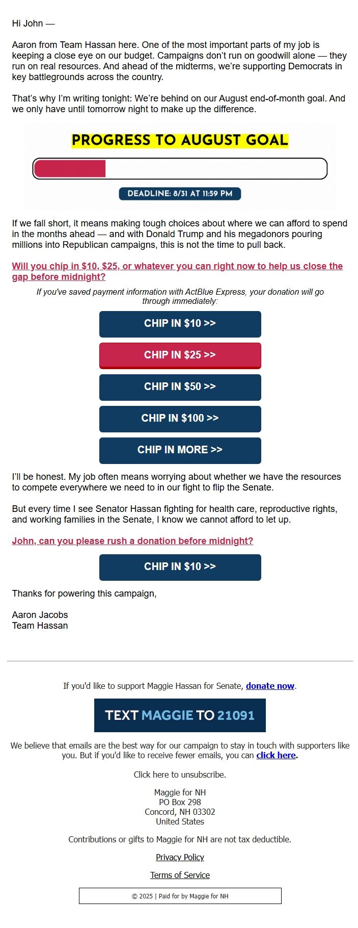 Screenshot of the email generated on import