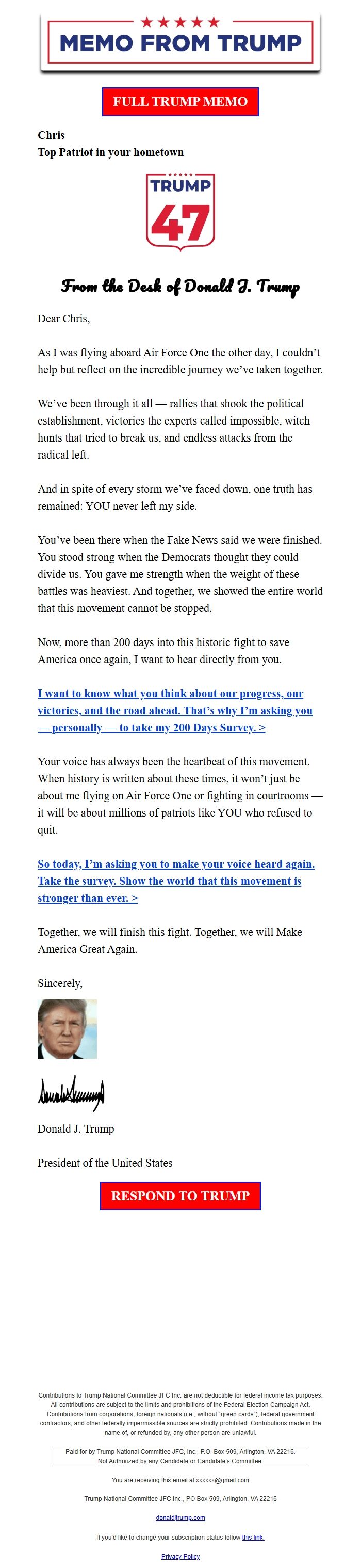 Screenshot of the email generated on import