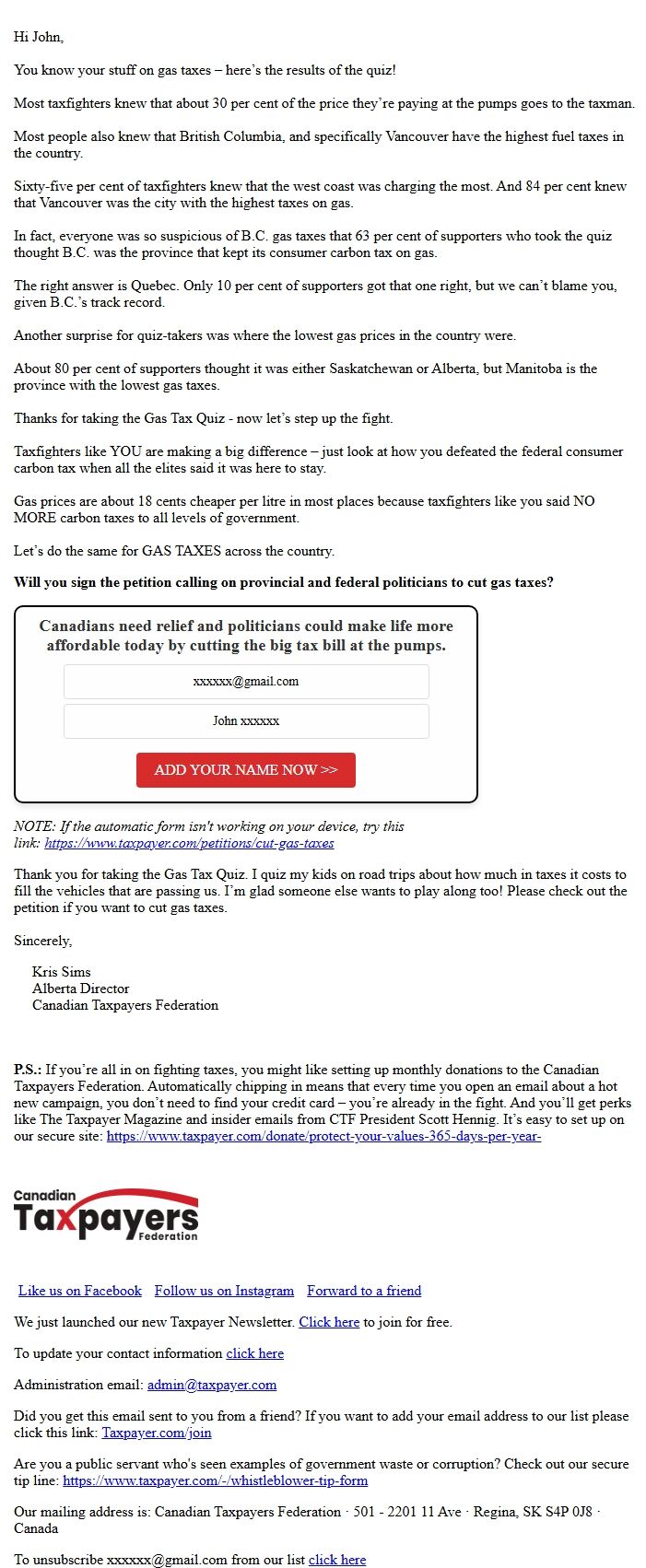 Screenshot of the email generated on import