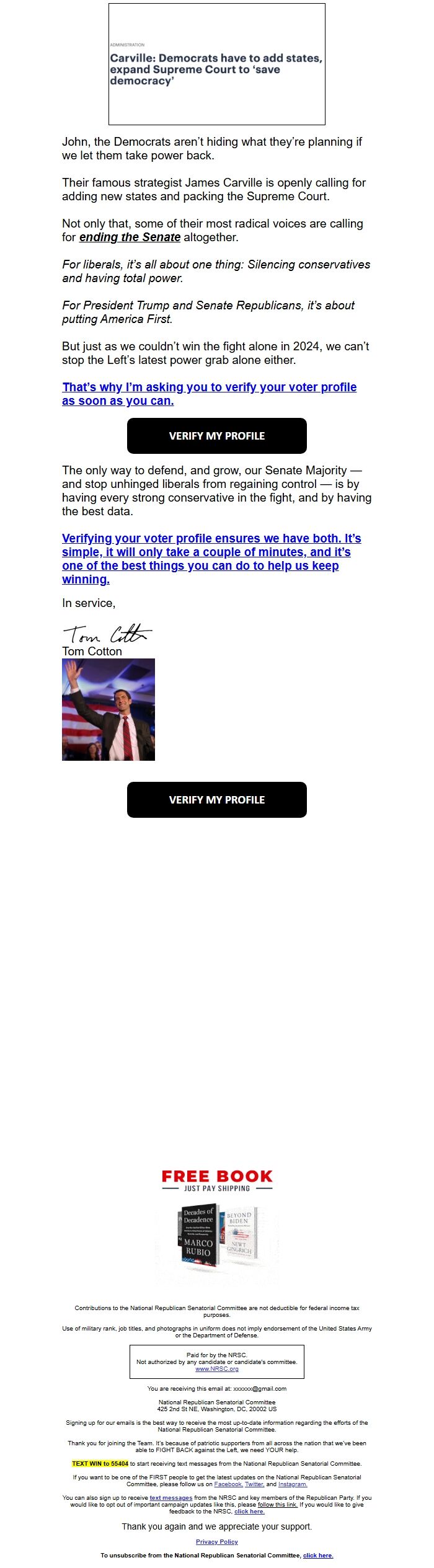 Screenshot of the email generated on import