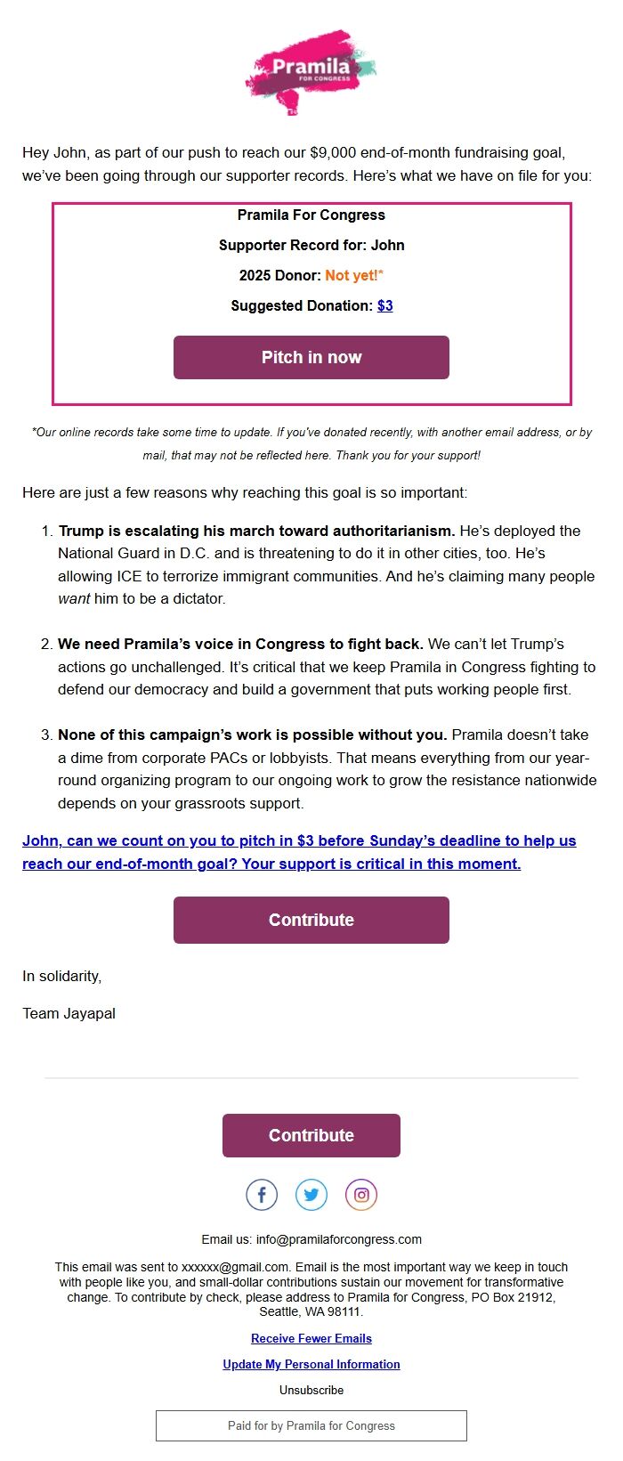 Screenshot of the email generated on import
