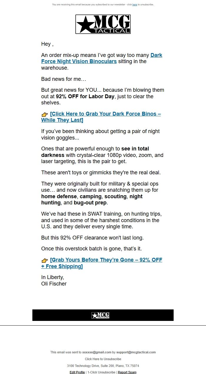 Screenshot of the email generated on import