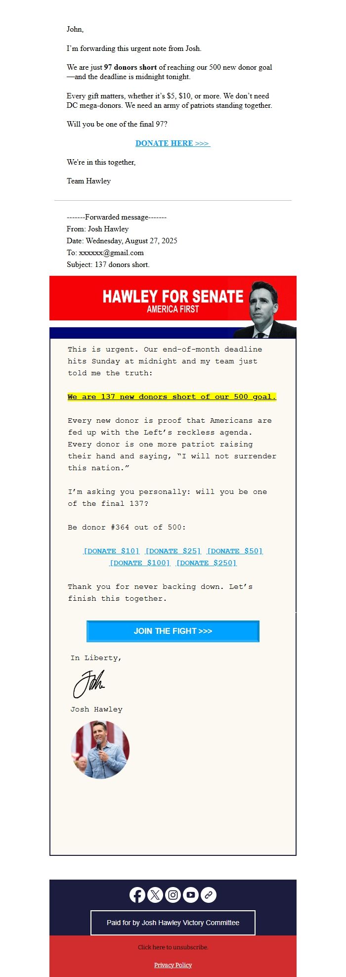 Screenshot of the email generated on import