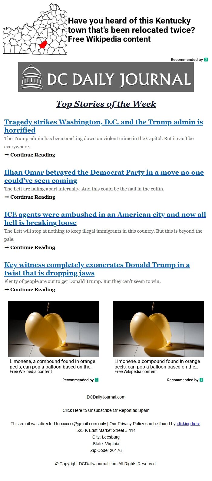 Screenshot of the email generated on import
