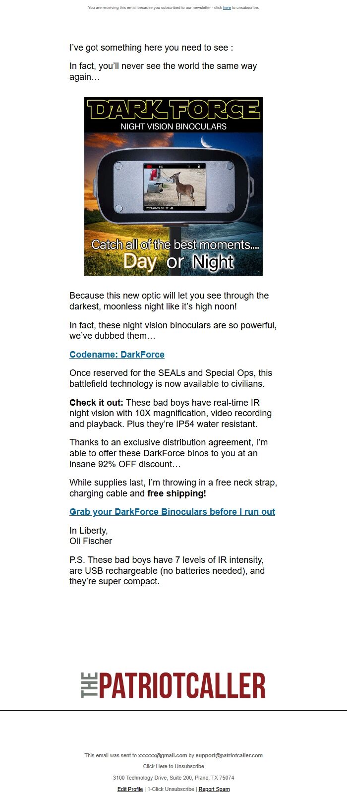 Screenshot of the email generated on import