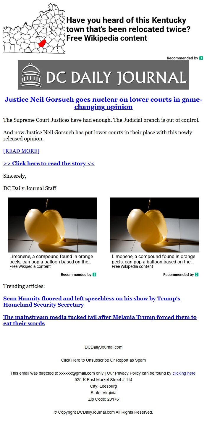 Screenshot of the email generated on import