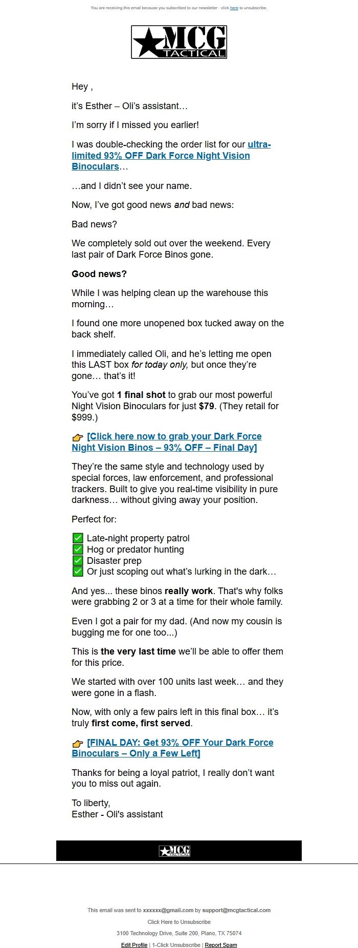 Screenshot of the email generated on import