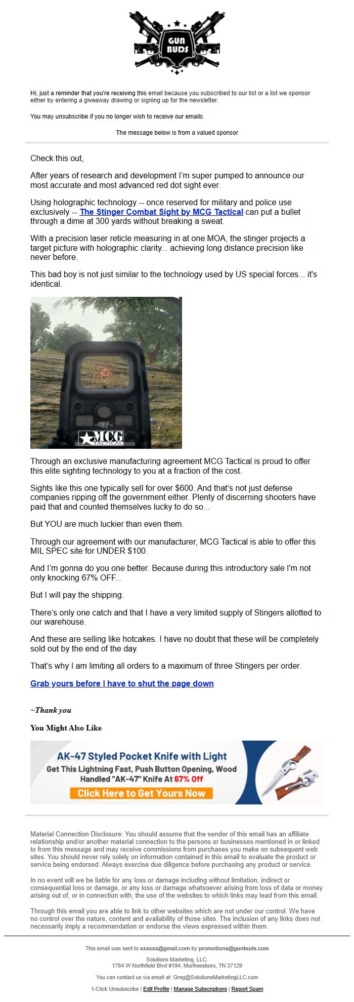 Screenshot of the email generated on import