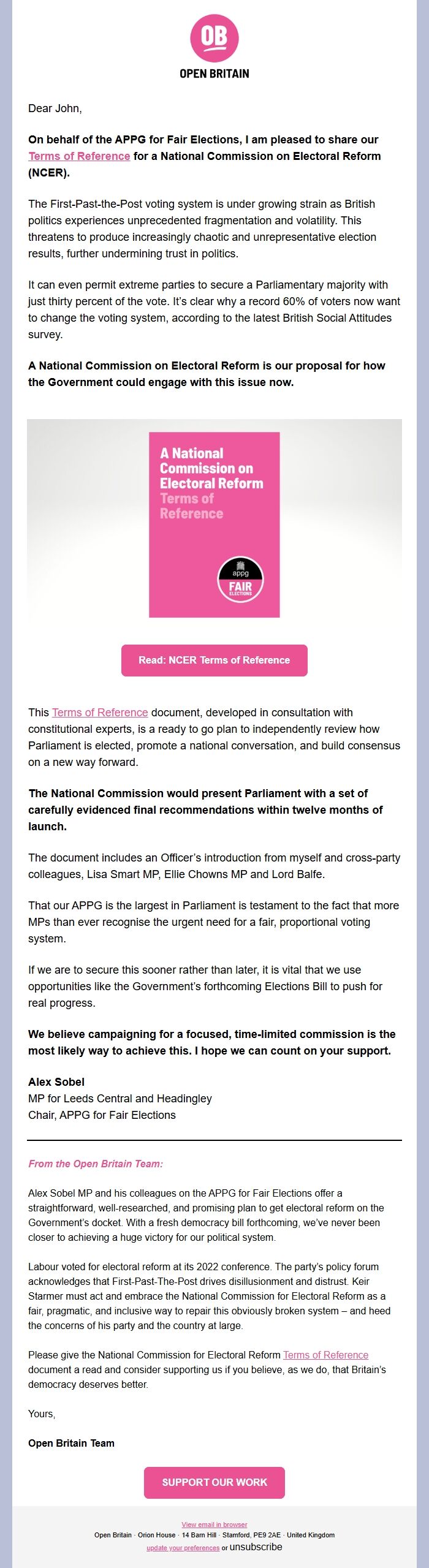 Screenshot of the email generated on import