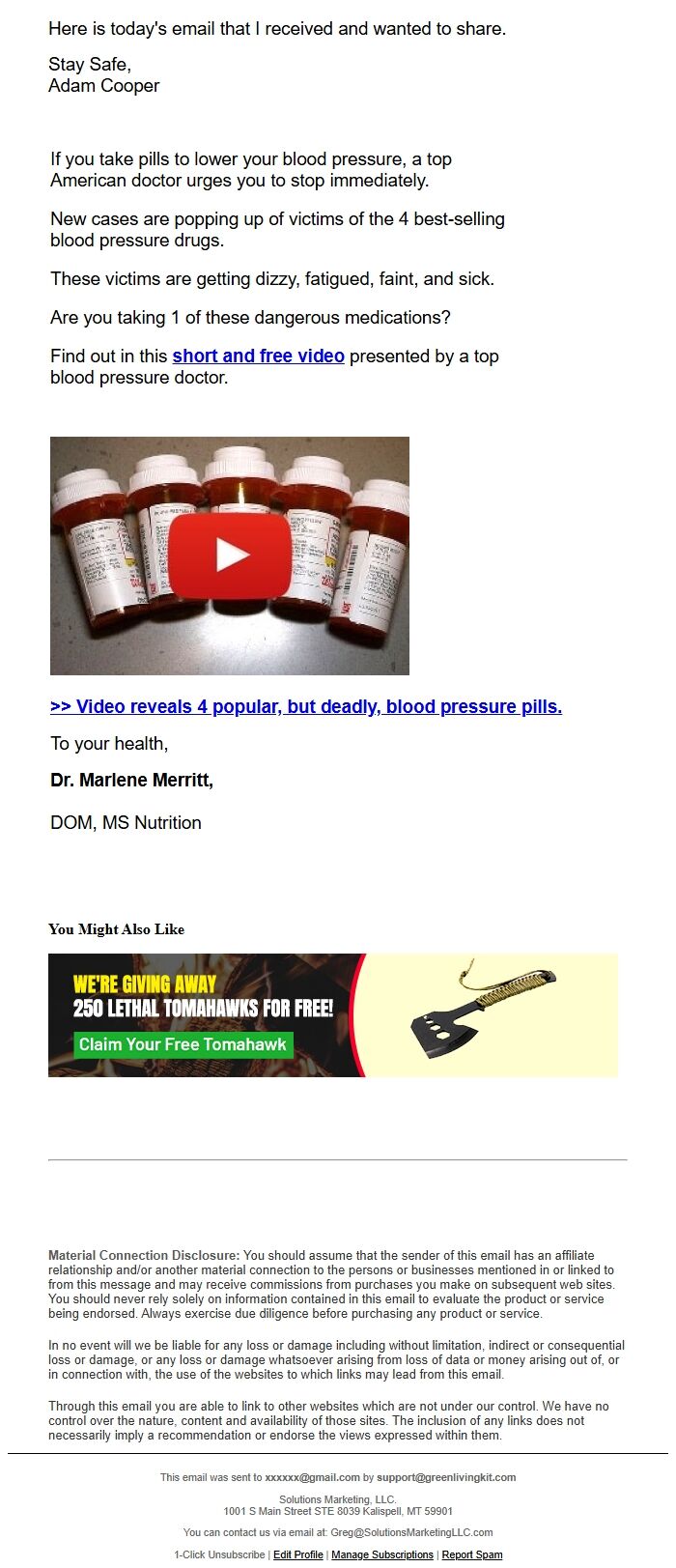 Screenshot of the email generated on import