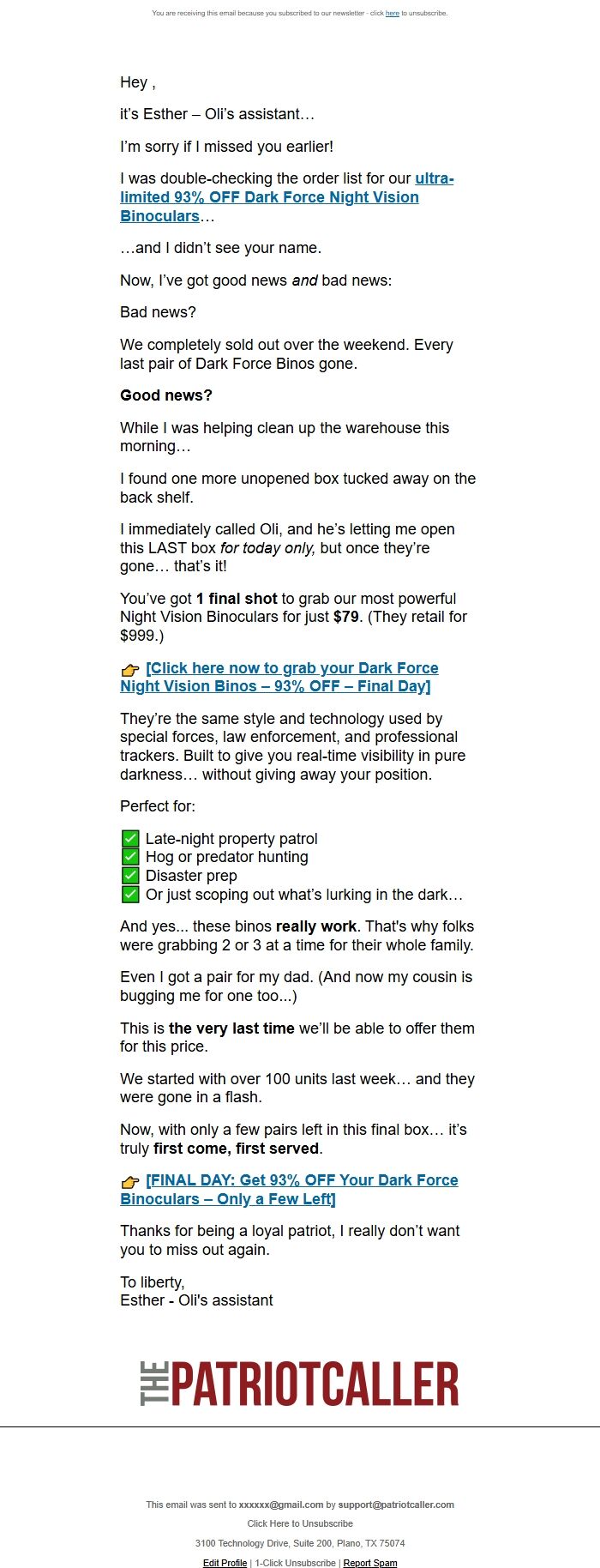 Screenshot of the email generated on import