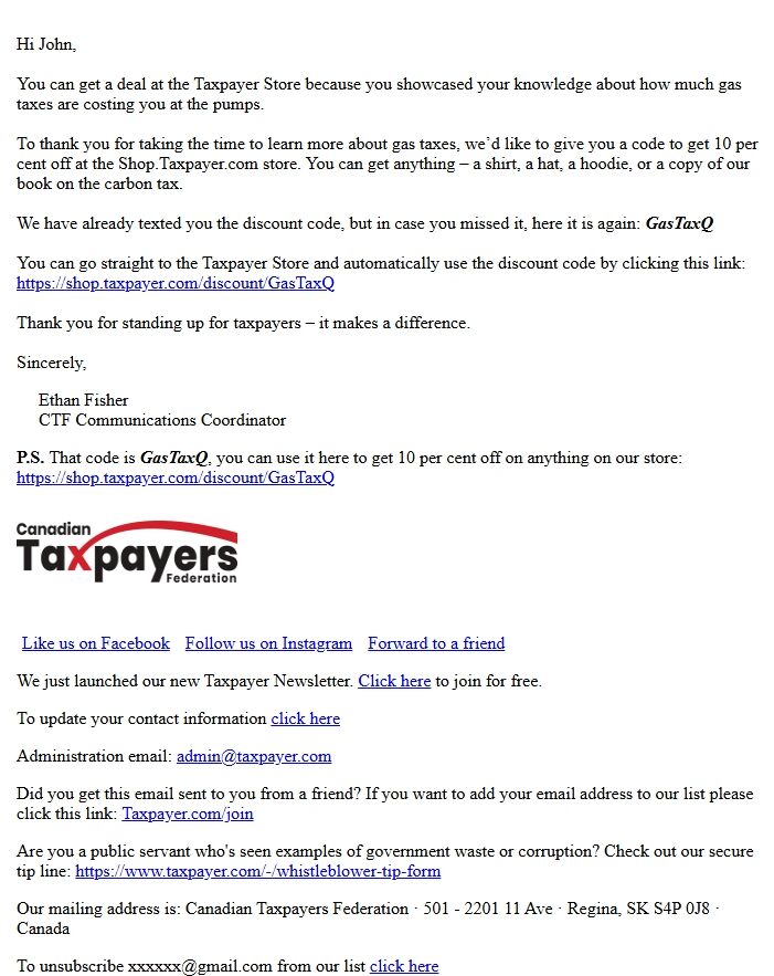 Screenshot of the email generated on import