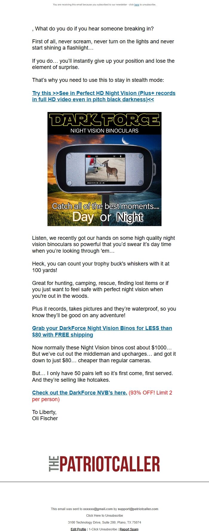 Screenshot of the email generated on import