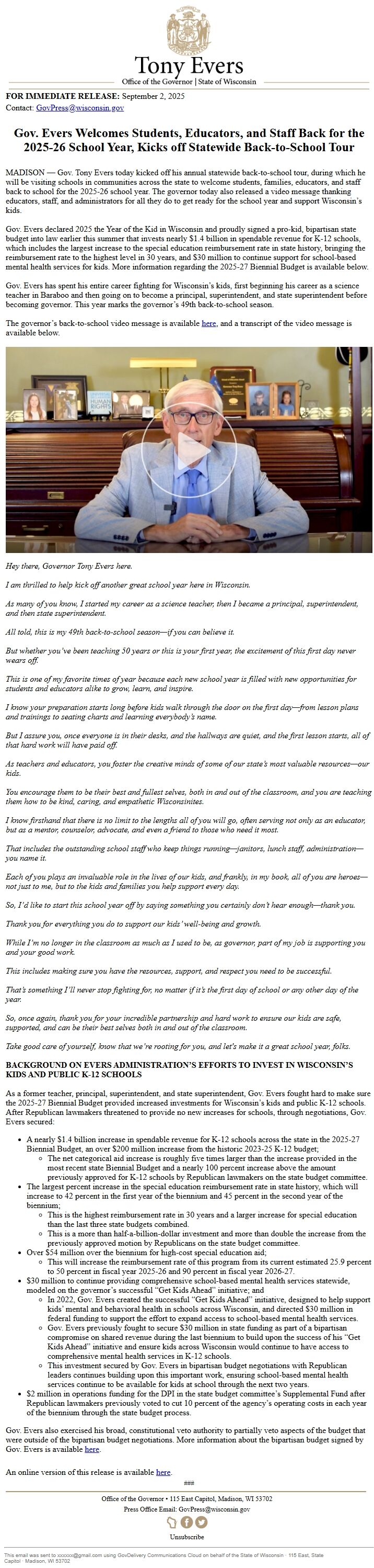 Screenshot of the email generated on import