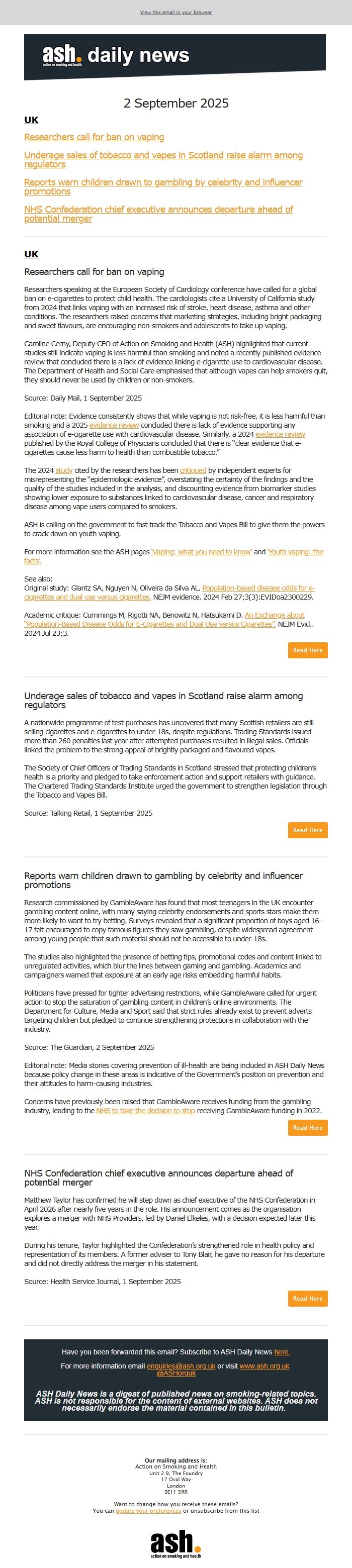 Screenshot of the email generated on import