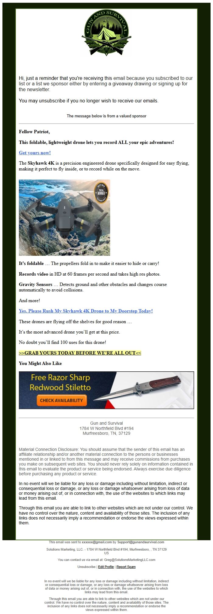 Screenshot of the email generated on import