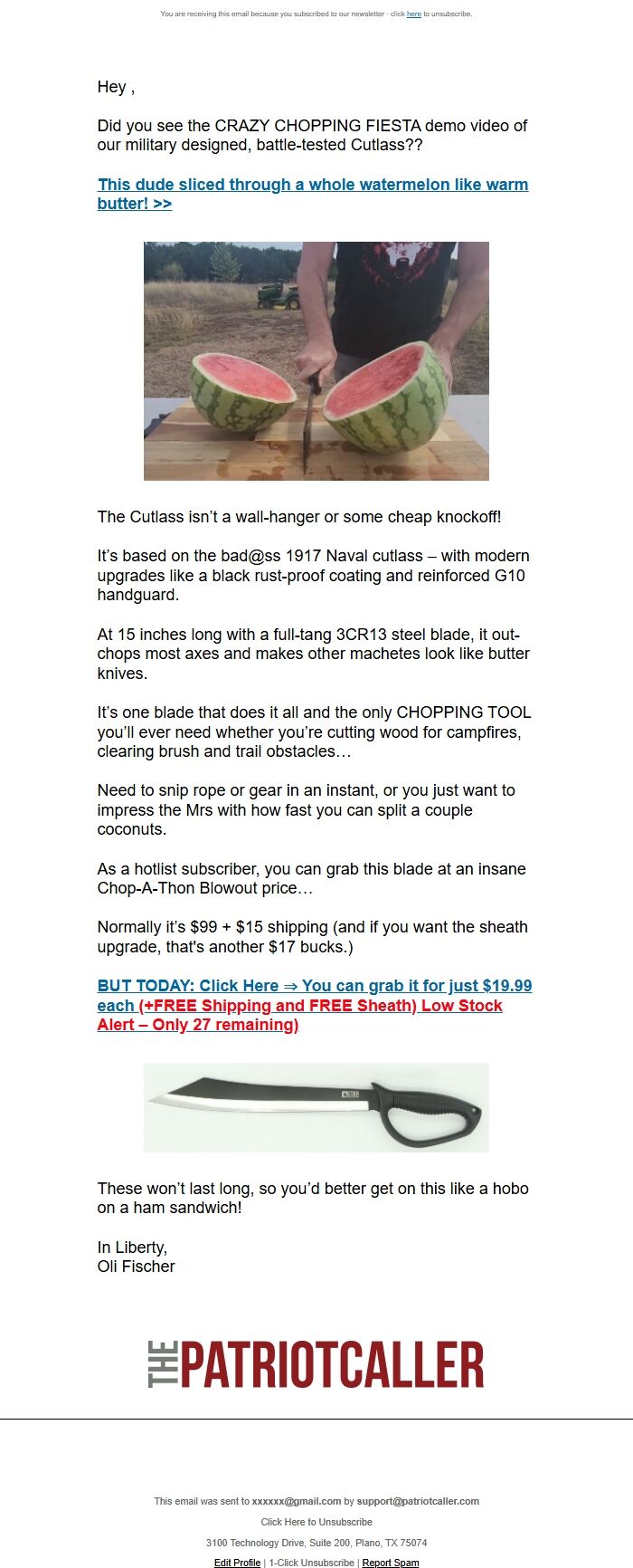 Screenshot of the email generated on import