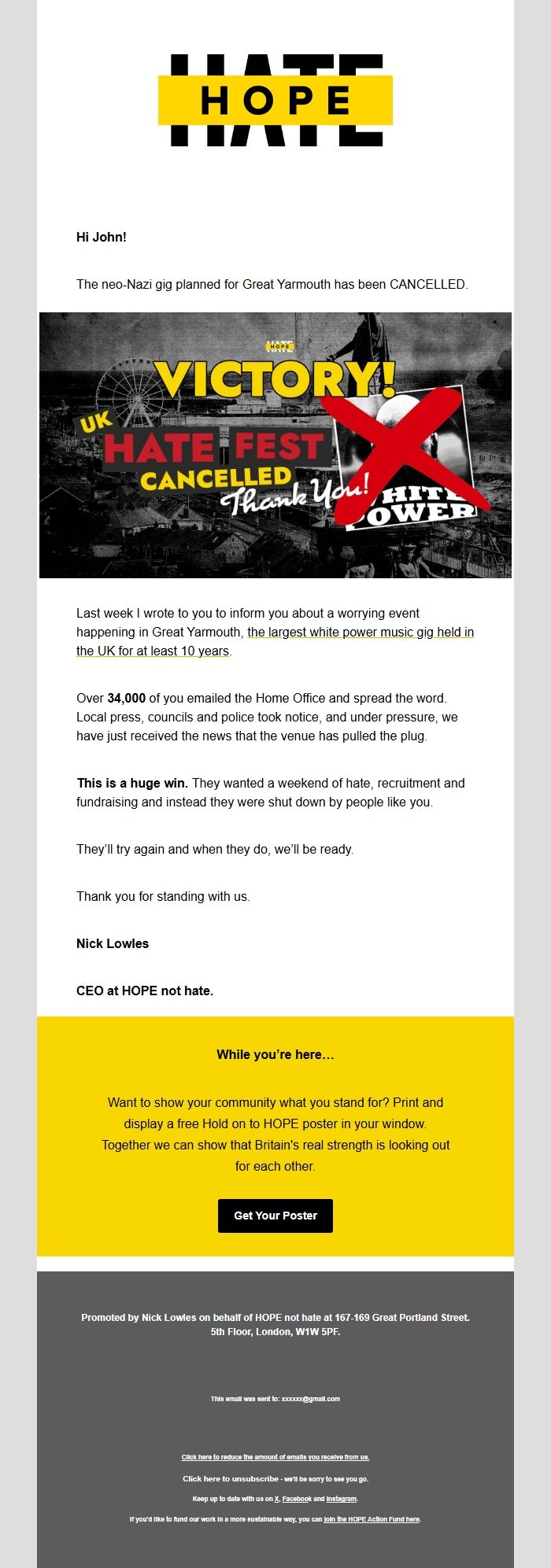 Screenshot of the email generated on import