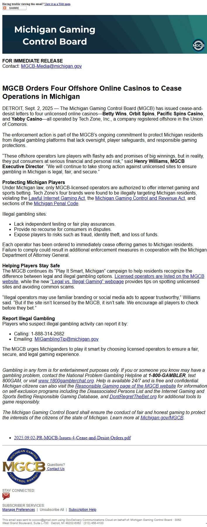 Screenshot of the email generated on import