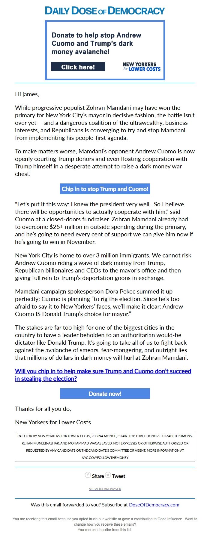 Screenshot of the email generated on import