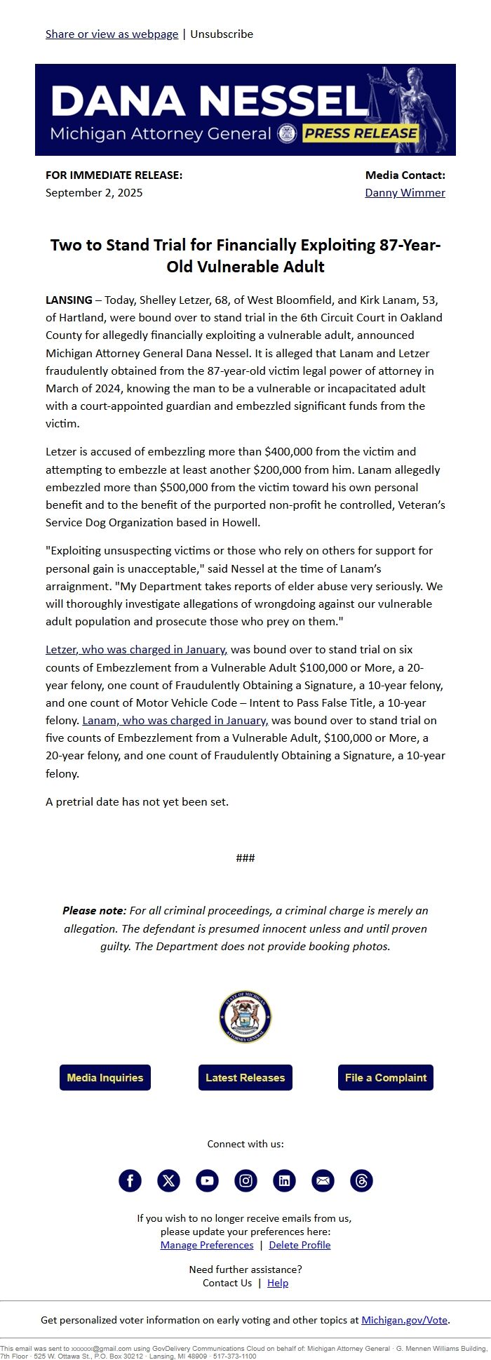 Screenshot of the email generated on import